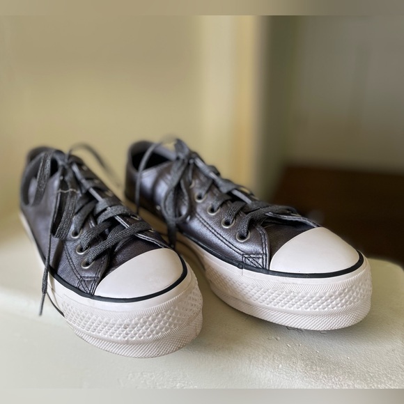 Converse platform All Star leather sneakers gunmetal gray w/ gray shimmer laces - Picture 3 of 11